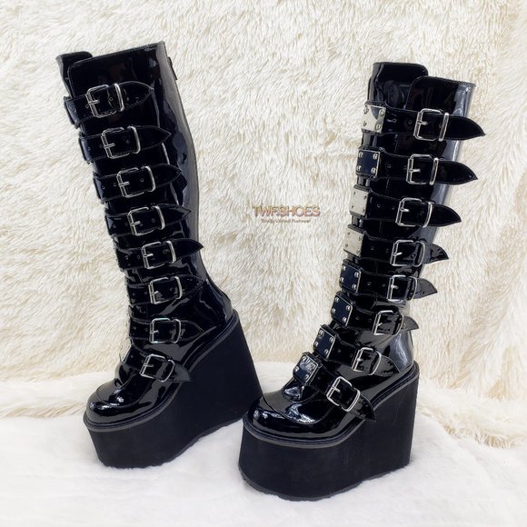 Swing 815WC Black Patent Goth Punk Rave Wide Calf Knee Boots